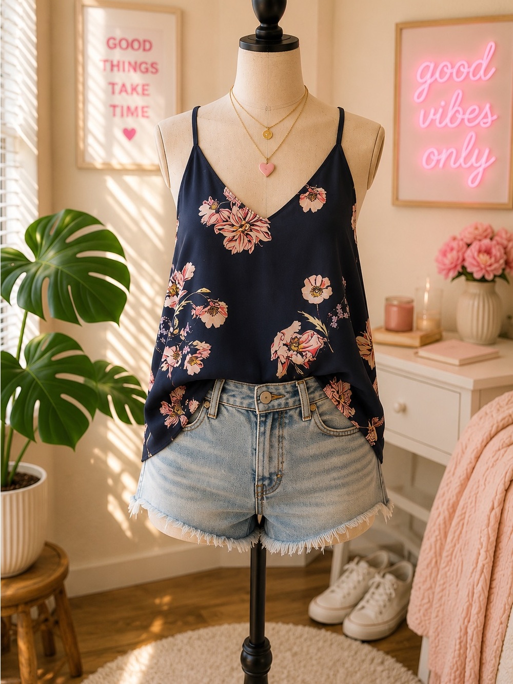 Cotton On Navy Floral Cami Tank Top XS Boho Cottagecore Adjustable Straps